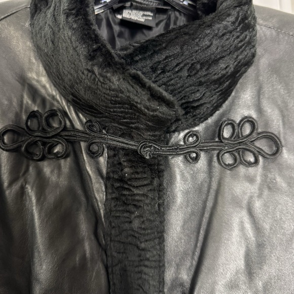 VTG Dennis Basso Women's L Black Leather Jacket Coat Faux Fur Mandarin Collar - Picture 9 of 9